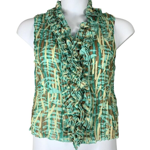Jaipur Tops - Jaipur Size Medium Tank Top Ruffled Neckline Crinkle Shirt Blue Green Brown
